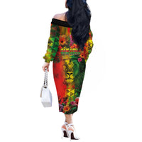 Hawaiian Reggae Off The Shoulder Long Sleeve Dress Tropical Plants and Tribal Kakau Tattoo-One Love Jawaiian LT03 - Polynesian Pride