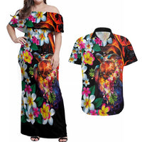 Hawaiian Lei Day Couples Matching Off Shoulder Maxi Dress and Hawaiian Shirt Colorful Plumeria and Volcanic Turtle with Abstract Lava Texture LT03 Black - Polynesian Pride
