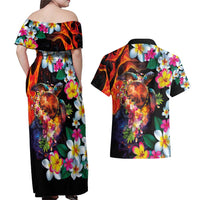 Hawaiian Lei Day Couples Matching Off Shoulder Maxi Dress and Hawaiian Shirt Colorful Plumeria and Volcanic Turtle with Abstract Lava Texture LT03 - Polynesian Pride