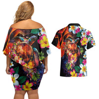 Hawaiian Lei Day Couples Matching Off Shoulder Short Dress and Hawaiian Shirt Colorful Plumeria and Volcanic Turtle with Abstract Lava Texture LT03 - Polynesian Pride