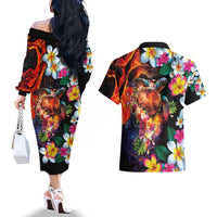Hawaiian Lei Day Couples Matching Off The Shoulder Long Sleeve Dress and Hawaiian Shirt Colorful Plumeria and Volcanic Turtle with Abstract Lava Texture LT03 - Polynesian Pride