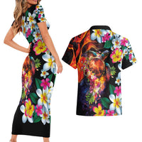 Hawaiian Lei Day Couples Matching Short Sleeve Bodycon Dress and Hawaiian Shirt Colorful Plumeria and Volcanic Turtle with Abstract Lava Texture LT03 - Polynesian Pride