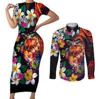 Hawaiian Lei Day Couples Matching Short Sleeve Bodycon Dress and Long Sleeve Button Shirt Colorful Plumeria and Volcanic Turtle with Abstract Lava Texture LT03 Black - Polynesian Pride