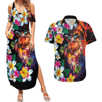 Hawaiian Lei Day Couples Matching Summer Maxi Dress and Hawaiian Shirt Colorful Plumeria and Volcanic Turtle with Abstract Lava Texture LT03 Black - Polynesian Pride
