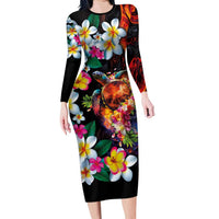 Hawaiian Lei Day Family Matching Long Sleeve Bodycon Dress and Hawaiian Shirt Colorful Plumeria and Volcanic Turtle with Abstract Lava Texture LT03 Mom's Dress Black - Polynesian Pride