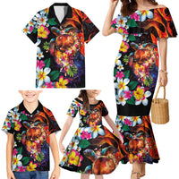 Hawaiian Lei Day Family Matching Mermaid Dress and Hawaiian Shirt Colorful Plumeria and Volcanic Turtle with Abstract Lava Texture LT03 - Polynesian Pride
