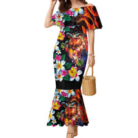 Hawaiian Lei Day Family Matching Mermaid Dress and Hawaiian Shirt Colorful Plumeria and Volcanic Turtle with Abstract Lava Texture LT03 Mom's Dress Black - Polynesian Pride