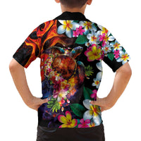 Hawaiian Lei Day Family Matching Off The Shoulder Long Sleeve Dress and Hawaiian Shirt Colorful Plumeria and Volcanic Turtle with Abstract Lava Texture LT03 - Polynesian Pride