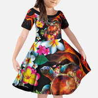 Hawaiian Lei Day Family Matching Off Shoulder Maxi Dress and Hawaiian Shirt Colorful Plumeria and Volcanic Turtle with Abstract Lava Texture LT03 Daughter's Dress Black - Polynesian Pride
