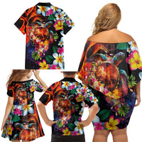Hawaiian Lei Day Family Matching Off Shoulder Short Dress and Hawaiian Shirt Colorful Plumeria and Volcanic Turtle with Abstract Lava Texture LT03 - Polynesian Pride