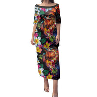 Hawaiian Lei Day Family Matching Puletasi and Hawaiian Shirt Colorful Plumeria and Volcanic Turtle with Abstract Lava Texture LT03 Mom's Dress Black - Polynesian Pride
