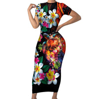 Hawaiian Lei Day Family Matching Short Sleeve Bodycon Dress and Hawaiian Shirt Colorful Plumeria and Volcanic Turtle with Abstract Lava Texture LT03 Mom's Dress Black - Polynesian Pride