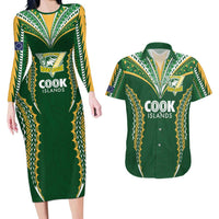 Custom Cook Islands Rugby League Couples Matching Long Sleeve Bodycon Dress and Hawaiian Shirt Tatau Tribal Pattern-Special Edition Green Color LT03 Green-Yellow - Polynesian Pride