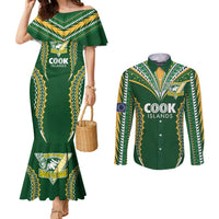 Custom Cook Islands Rugby League Couples Matching Mermaid Dress and Long Sleeve Button Shirt Tatau Tribal Pattern-Special Edition Green Color LT03 Green-Yellow - Polynesian Pride