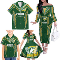 Custom Cook Islands Rugby League Family Matching Off The Shoulder Long Sleeve Dress and Hawaiian Shirt Tatau Tribal Pattern-Special Edition Green Color LT03 - Polynesian Pride