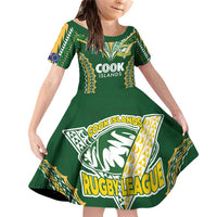 Custom Cook Islands Rugby League Family Matching Off Shoulder Short Dress and Hawaiian Shirt Tatau Tribal Pattern-Special Edition Green Color LT03 Daughter's Dress Green-Yellow - Polynesian Pride