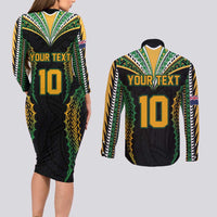 Custom Cook Islands Rugby League Couples Matching Long Sleeve Bodycon Dress and Long Sleeve Button Shirt Tatau Tribal Pattern-Special Edition Black Color LT03 - Polynesian Pride
