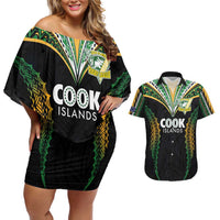 Custom Cook Islands Rugby League Couples Matching Off Shoulder Short Dress and Hawaiian Shirt Tatau Tribal Pattern-Special Edition Black Color LT03 Green-Black - Polynesian Pride