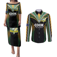 Custom Cook Islands Rugby League Couples Matching Puletasi and Long Sleeve Button Shirt Tatau Tribal Pattern-Special Edition Black Color