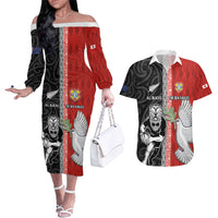 Custom Tonga and New Zealand Rugby Couples Matching Off The Shoulder Long Sleeve Dress and Hawaiian Shirt Maori Mix Ngatu Pattern LT03 Black - Polynesian Pride