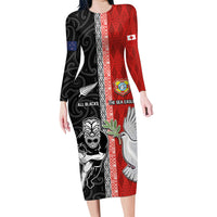 Custom Tonga and New Zealand Rugby Family Matching Long Sleeve Bodycon Dress and Hawaiian Shirt Maori Mix Ngatu Pattern LT03 Mom's Dress Black - Polynesian Pride