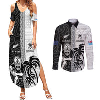Custom Fiji and New Zealand Rugby Couples Matching Summer Maxi Dress and Long Sleeve Button Shirt Tapa Mix Maori Pattern LT03 Black - Polynesian Pride