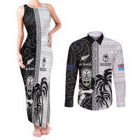 Custom Fiji and New Zealand Rugby Couples Matching Tank Maxi Dress and Long Sleeve Button Shirt Tapa Mix Maori Pattern LT03 Black - Polynesian Pride