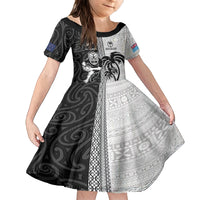 Custom Fiji and New Zealand Rugby Family Matching Long Sleeve Bodycon Dress and Hawaiian Shirt Tapa Mix Maori Pattern LT03 Daughter's Dress Black - Polynesian Pride