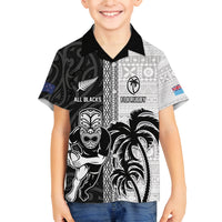 Custom Fiji and New Zealand Rugby Family Matching Off The Shoulder Long Sleeve Dress and Hawaiian Shirt Tapa Mix Maori Pattern LT03 Son's Shirt Black - Polynesian Pride