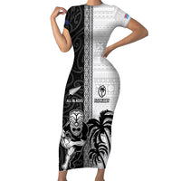 Custom Fiji and New Zealand Rugby Family Matching Short Sleeve Bodycon Dress and Hawaiian Shirt Tapa Mix Maori Pattern LT03 Mom's Dress Black - Polynesian Pride