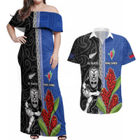 Custom Samoa and New Zealand Rugby Couples Matching Off Shoulder Maxi Dress and Hawaiian Shirt Teuila Samoan and Maori Warrior LT03 Black - Polynesian Pride