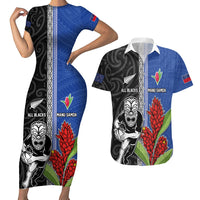 Custom Samoa and New Zealand Rugby Couples Matching Short Sleeve Bodycon Dress and Hawaiian Shirt Teuila Samoan and Maori Warrior LT03 Black - Polynesian Pride