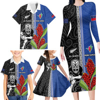 Custom Samoa and New Zealand Rugby Family Matching Long Sleeve Bodycon Dress and Hawaiian Shirt Teuila Samoan and Maori Warrior LT03 - Polynesian Pride