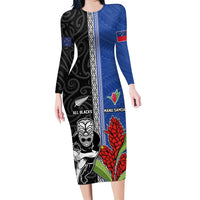 Custom Samoa and New Zealand Rugby Family Matching Long Sleeve Bodycon Dress and Hawaiian Shirt Teuila Samoan and Maori Warrior LT03 Mom's Dress Black - Polynesian Pride