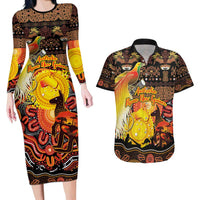 Personalized Australia and Papua New Guinea Together Couples Matching Long Sleeve Bodycon Dress and Hawaiian Shirt Kangaroo Aboriginal Art and Bird-of-paradise Oro Tribal Motifs LT03 Black - Polynesian Pride