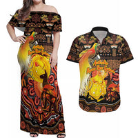 Personalized Australia and Papua New Guinea Together Couples Matching Off Shoulder Maxi Dress and Hawaiian Shirt Kangaroo Aboriginal Art and Bird-of-paradise Oro Tribal Motifs LT03 Black - Polynesian Pride