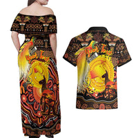 Personalized Australia and Papua New Guinea Together Couples Matching Off Shoulder Maxi Dress and Hawaiian Shirt Kangaroo Aboriginal Art and Bird-of-paradise Oro Tribal Motifs LT03 - Polynesian Pride