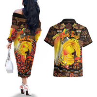 Personalized Australia and Papua New Guinea Together Couples Matching Off The Shoulder Long Sleeve Dress and Hawaiian Shirt Kangaroo Aboriginal Art and Bird-of-paradise Oro Tribal Motifs LT03 - Polynesian Pride