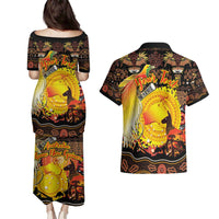 Personalized Australia and Papua New Guinea Together Couples Matching Puletasi and Hawaiian Shirt Kangaroo Aboriginal Art and Bird-of-paradise Oro Tribal Motifs LT03 - Polynesian Pride