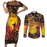 Personalized Australia and Papua New Guinea Together Couples Matching Short Sleeve Bodycon Dress and Long Sleeve Button Shirt Kangaroo Aboriginal Art and Bird-of-paradise Oro Tribal Motifs LT03 Black - Polynesian Pride