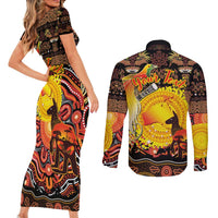 Personalized Australia and Papua New Guinea Together Couples Matching Short Sleeve Bodycon Dress and Long Sleeve Button Shirt Kangaroo Aboriginal Art and Bird-of-paradise Oro Tribal Motifs LT03 - Polynesian Pride
