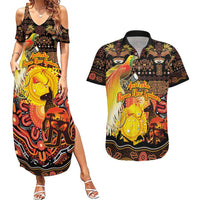 Personalized Australia and Papua New Guinea Together Couples Matching Summer Maxi Dress and Hawaiian Shirt Kangaroo Aboriginal Art and Bird-of-paradise Oro Tribal Motifs LT03 Black - Polynesian Pride
