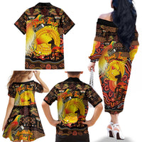 Personalized Australia and Papua New Guinea Together Family Matching Off The Shoulder Long Sleeve Dress and Hawaiian Shirt Kangaroo Aboriginal Art and Bird-of-paradise Oro Tribal Motifs LT03 - Polynesian Pride