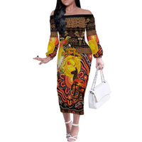 Personalized Australia and Papua New Guinea Together Family Matching Off The Shoulder Long Sleeve Dress and Hawaiian Shirt Kangaroo Aboriginal Art and Bird-of-paradise Oro Tribal Motifs LT03 Mom's Dress Black - Polynesian Pride