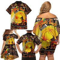 Personalized Australia and Papua New Guinea Together Family Matching Off Shoulder Short Dress and Hawaiian Shirt Kangaroo Aboriginal Art and Bird-of-paradise Oro Tribal Motifs LT03 - Polynesian Pride