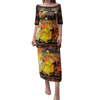 Personalized Australia and Papua New Guinea Together Family Matching Puletasi and Hawaiian Shirt Kangaroo Aboriginal Art and Bird-of-paradise Oro Tribal Motifs LT03 Mom's Dress Black - Polynesian Pride