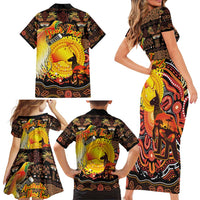 Personalized Australia and Papua New Guinea Together Family Matching Short Sleeve Bodycon Dress and Hawaiian Shirt Kangaroo Aboriginal Art and Bird-of-paradise Oro Tribal Motifs LT03 - Polynesian Pride