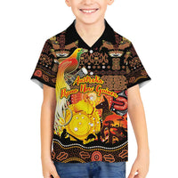 Personalized Australia and Papua New Guinea Together Family Matching Tank Maxi Dress and Hawaiian Shirt Kangaroo Aboriginal Art and Bird-of-paradise Oro Tribal Motifs LT03 Son's Shirt Black - Polynesian Pride