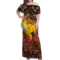 Personalized Australia and Papua New Guinea Together Off Shoulder Maxi Dress Kangaroo Aboriginal Art and Bird-of-paradise Oro Tribal Motifs LT03 Women Black - Polynesian Pride