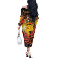 Personalized Australia and Papua New Guinea Together Off The Shoulder Long Sleeve Dress Kangaroo Aboriginal Art and Bird-of-paradise Oro Tribal Motifs LT03 - Polynesian Pride